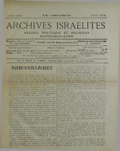 Archives israélites de France. Vol.79 N°28 (11 juil. 1918)